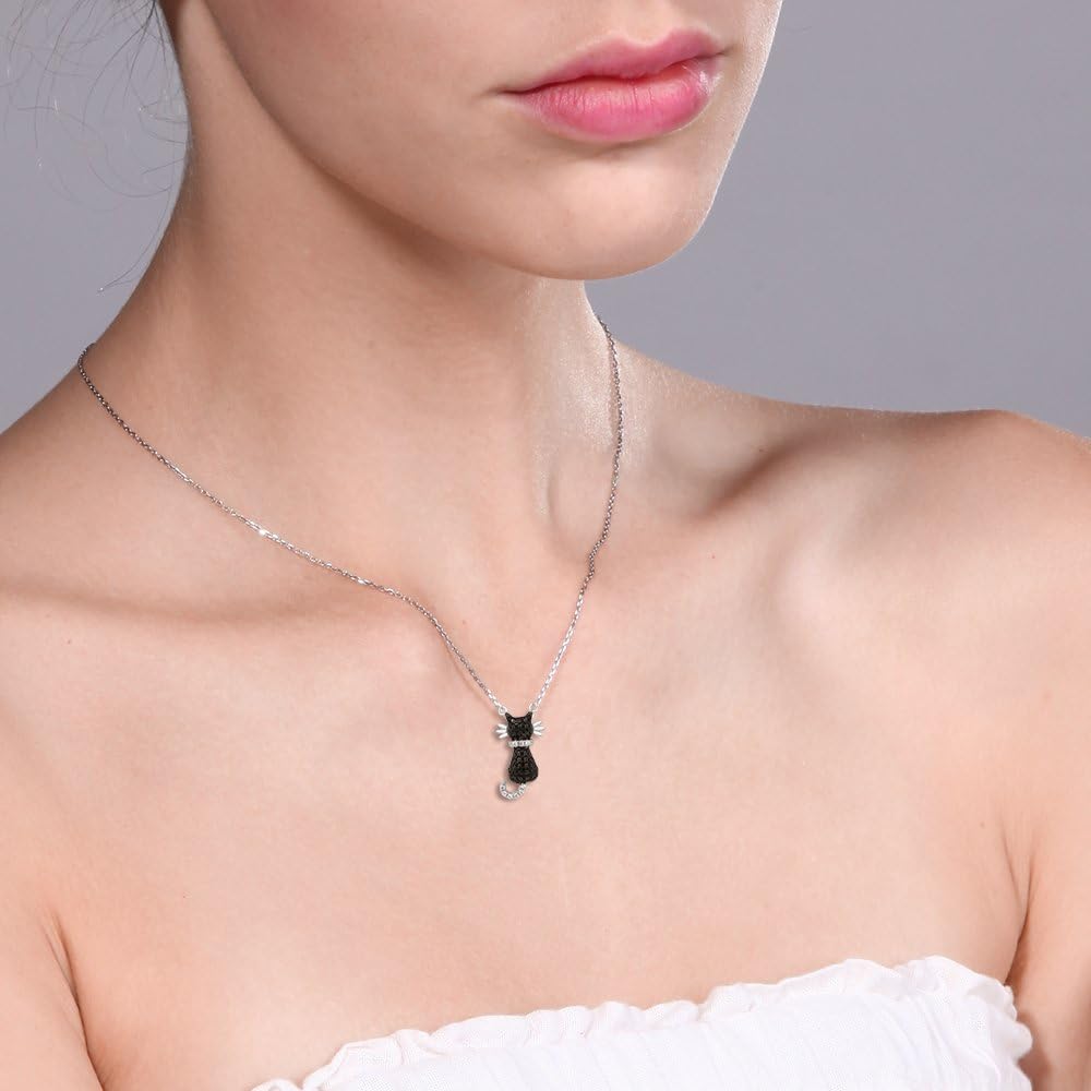 Gem Stone King 925 Sterling Silver Round Zirconia Sitting Black Cat Pendant Necklace On 18 Inch 925 Sterling Silver Chain: Clothing, Shoes & Jewelry