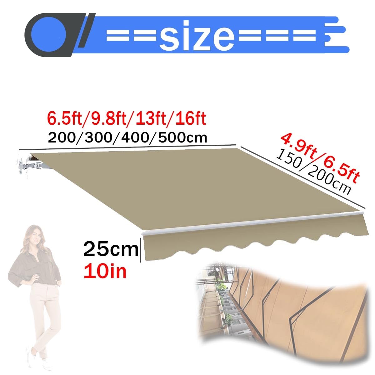 Store Banne en Polyester Tissu De Rechange Toit D'auvent Toile De Remplacement pour Balcon 300x150cm, 400x150cm, 500x150cm, 300x200cm, 400x200cm, 500x200cm 10 Couleurs(Grey,300x150cm)