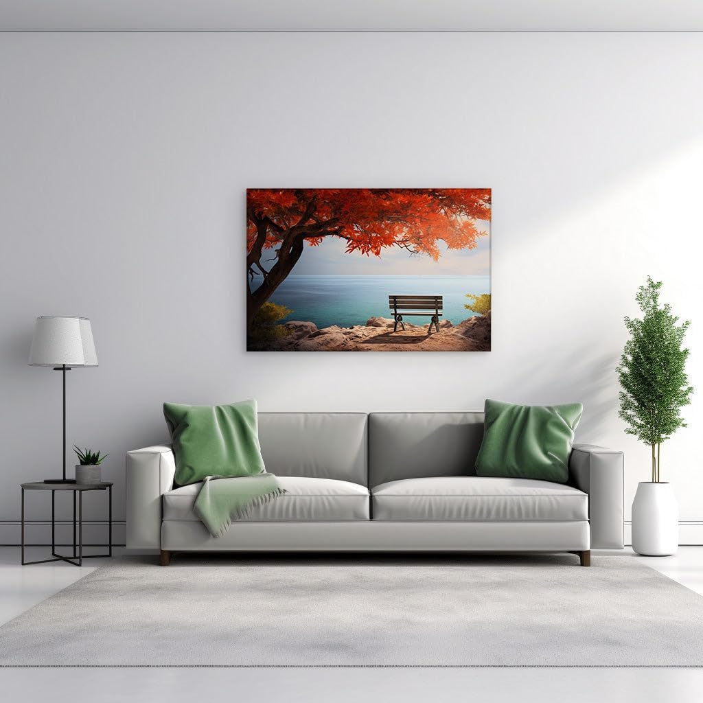 Canvas for Living room. Autumn Serenity by the Shoreline � A Bench Beneath The Fiery Foliage Overlooking the Whispering Waves, 27 x 18 inch Canvas Wall Art - Modern Home Decor