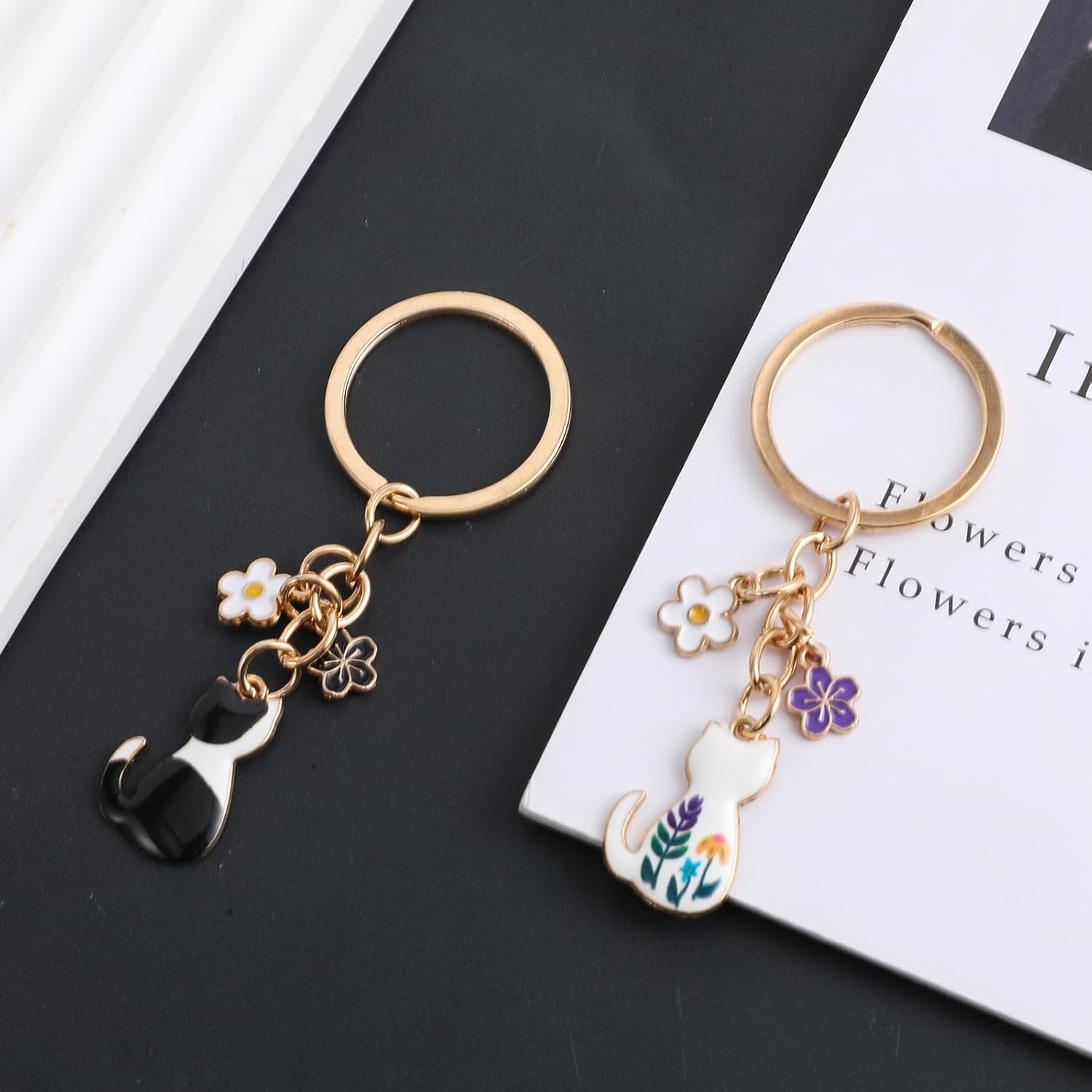 2PCS Cute Cat Keychain – Kawaii Enamel Cat Charm, Colorful Flower Design, Durable Alloy Key Ring for Women Men, Cats Lovers Gift, Bag & Backpack Accessories - Image 6
