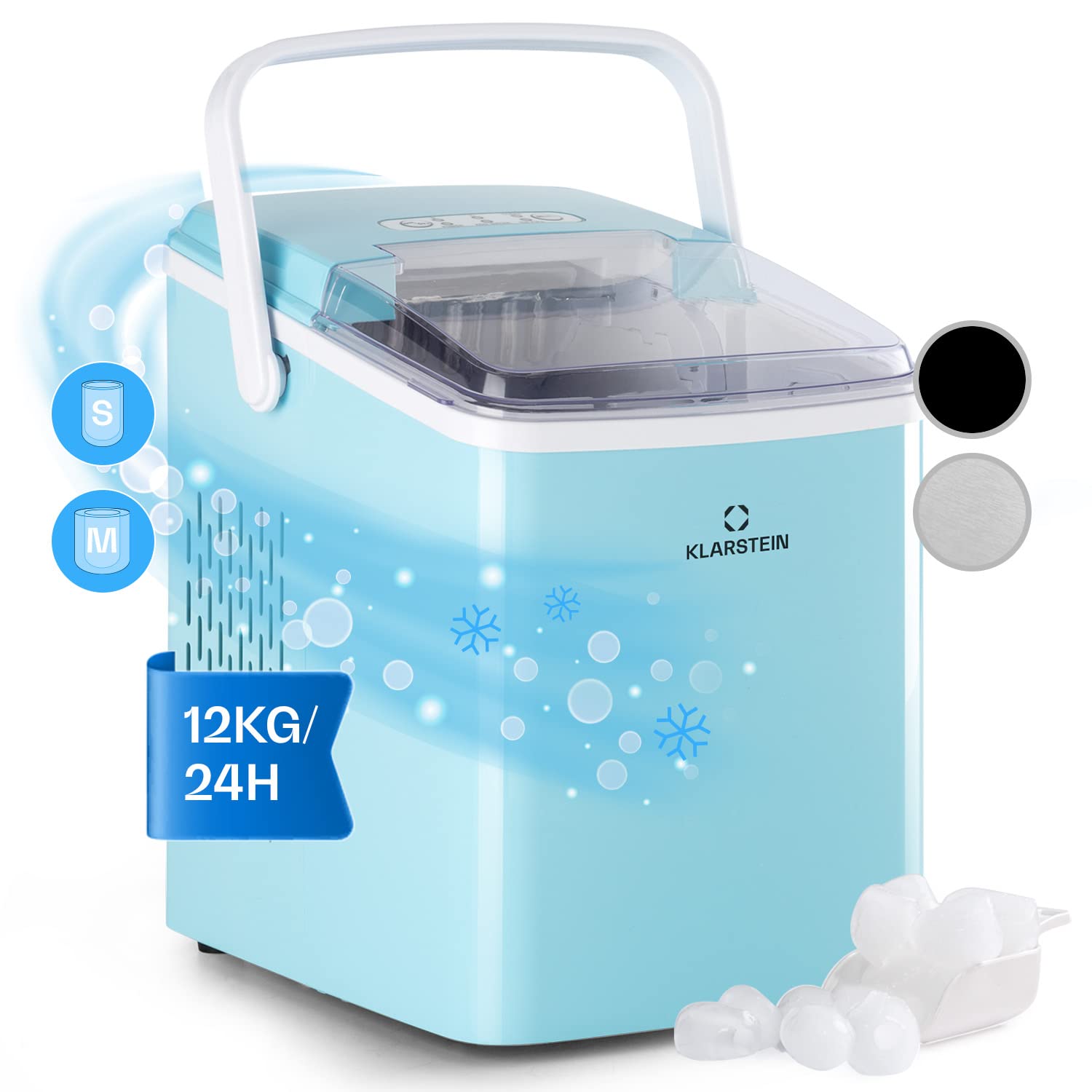 Klarstein Arctic Porter - Machine à glaçons 12kg / 24h, 2 tailles, temps de production 12kg de Glacons, réservoir d'eau de 2 l, écran LCD, minuterie, poignée, sans BPA