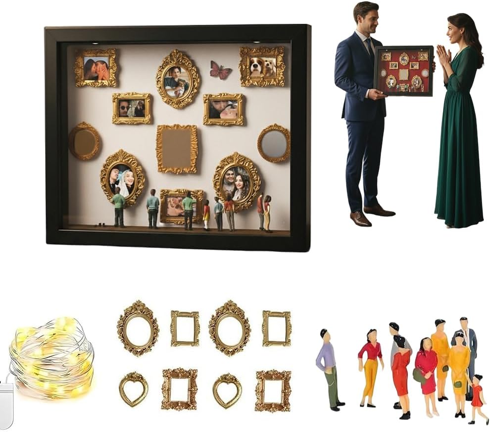 DIY Mini Museum Silhouette Box, 2026 New Shadow Box Frame Kit with Gold Mini Frames & Figurines, DIY Photo Family Memory Display Case Frame Silhouette Boxs for Anniversary Home Decor (Black)