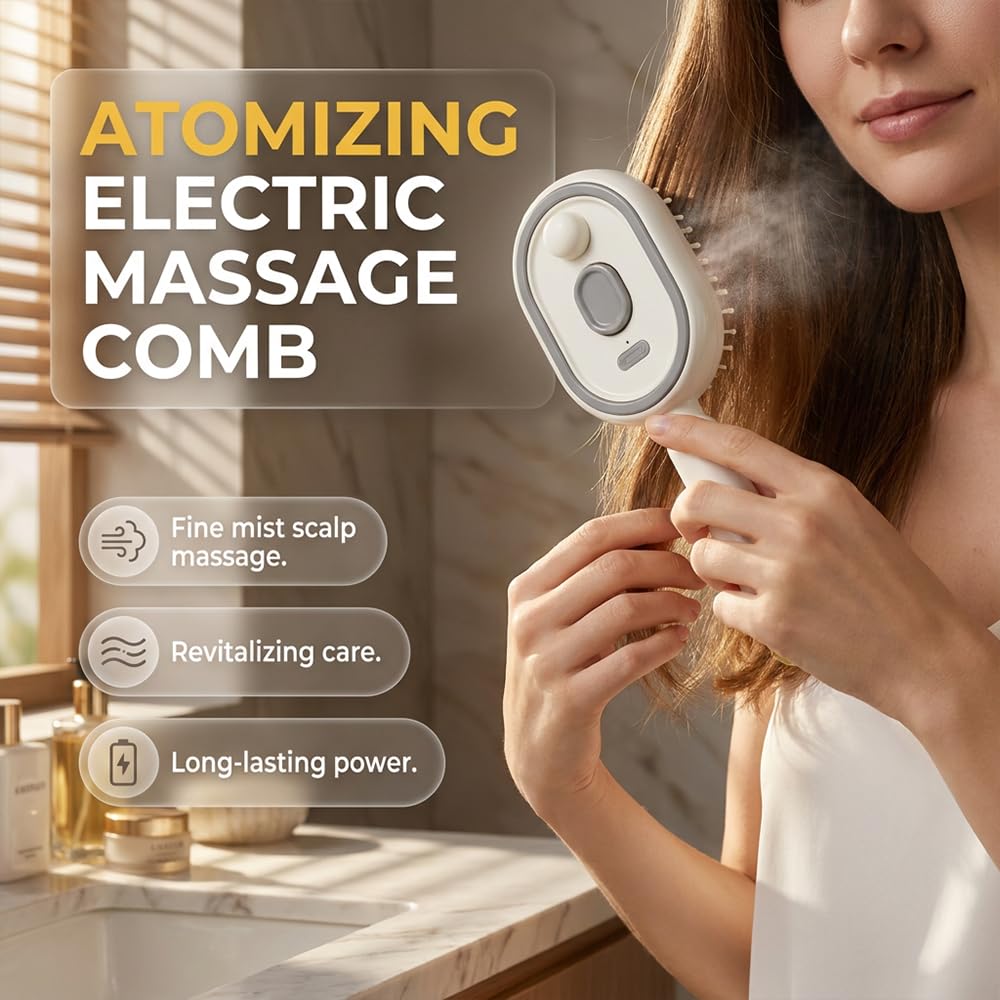 Electric Spray Air Cushion Massage Comb, Electric Spray Massage Comb, Rechargeable & Detangling, Electric Steam Brushs for Hair, Rechargeable Steam Hair Straightener (White-1PC)