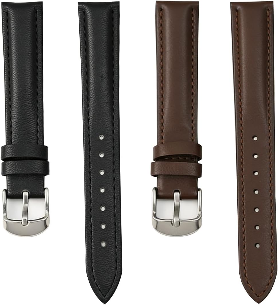 2Pcs Genuine Leather Watch Bands, 20mm Soft Calfskin Pin Buckle Replacement Straps, Universal Fashion Comfortable Wristband for Watches (Black + Dark Brown)