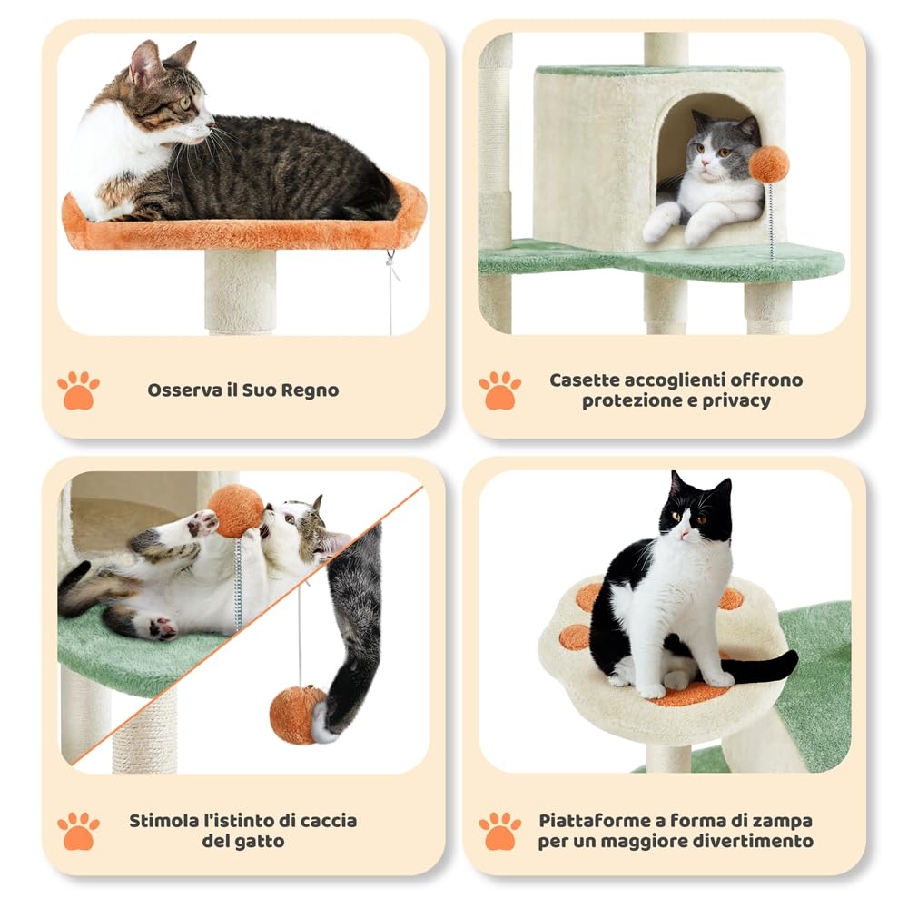 Yaheetech Albero Tiragraffi per Gatti 165 cm Cuccia per Gatto 2 Pompon, Piattaforma di riposo, Trespolo, Posatoio, Giocattoli Beige e Verde