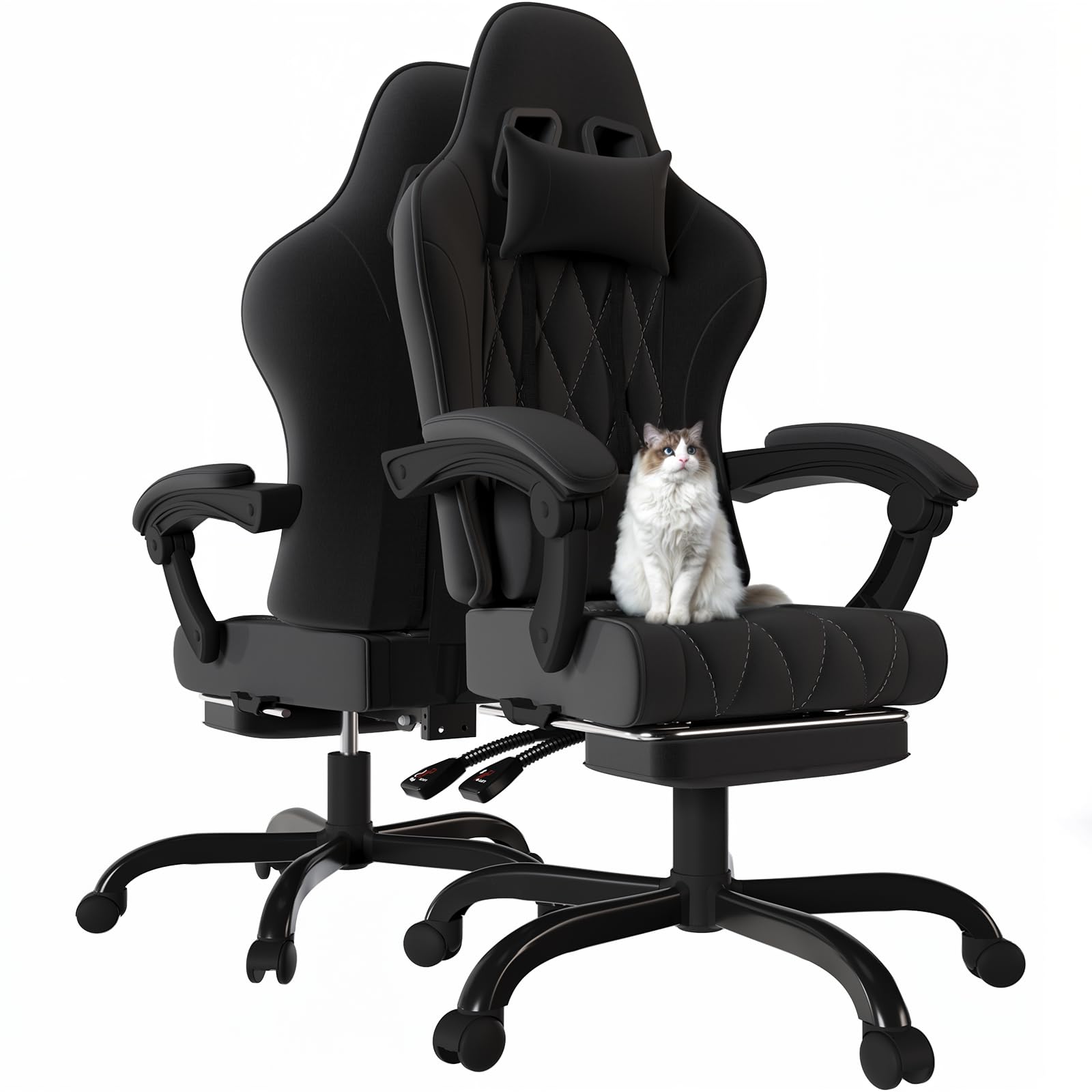 JUMMICO Gaming Stuhl Stoff mit Federpolsterung, Ergonomischer Bürostuhl mit Massager. Gaming Chair mit Kopfstütze, Fußstütze, Höhenverstellbar. Gamer Stuhl 150 kg belastbarkeit, Schwarz