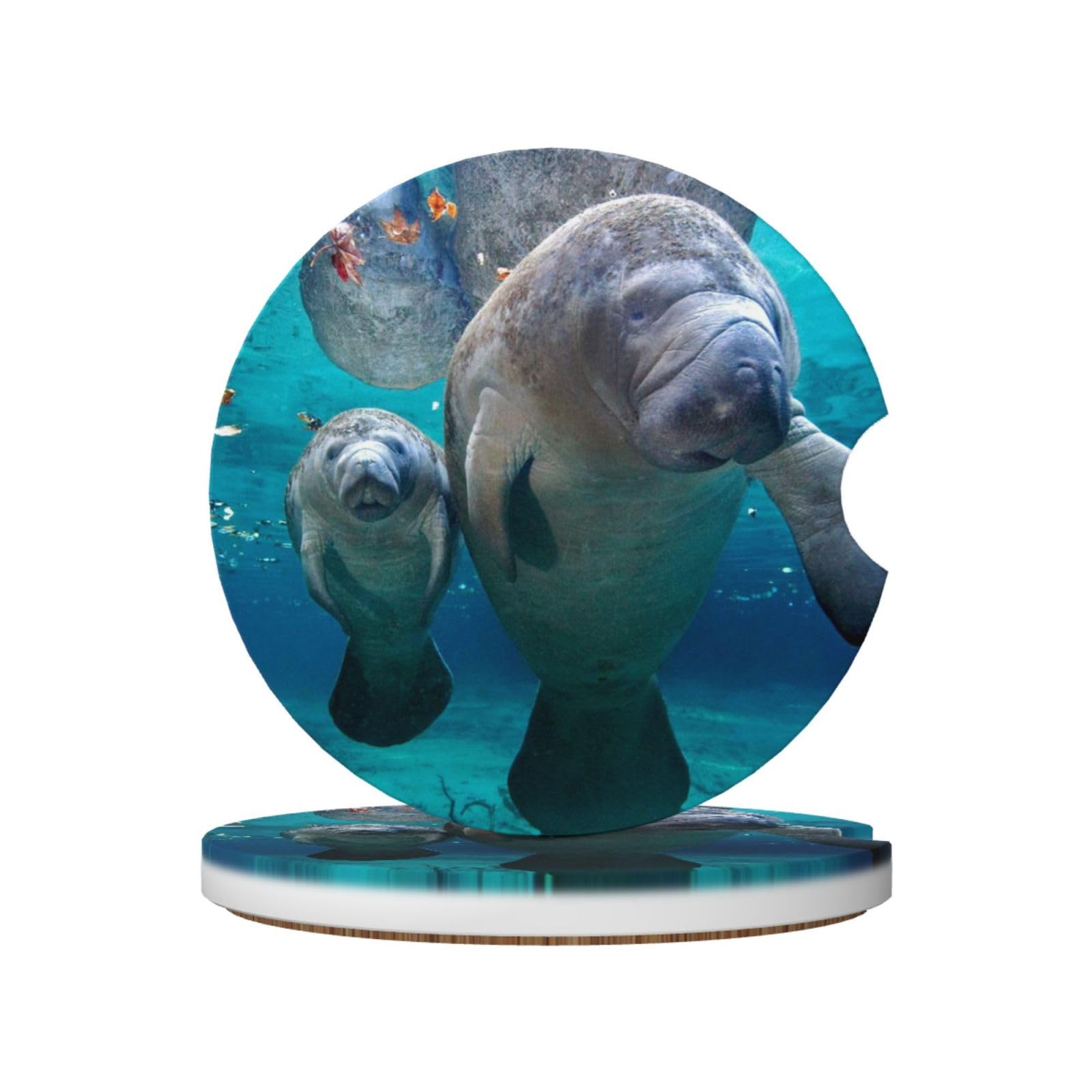 Sea Manatee, Car Cup Holder Coasters 2 Pack, Absorbent Ceramic Car Coasters with Non Slip Cork Base