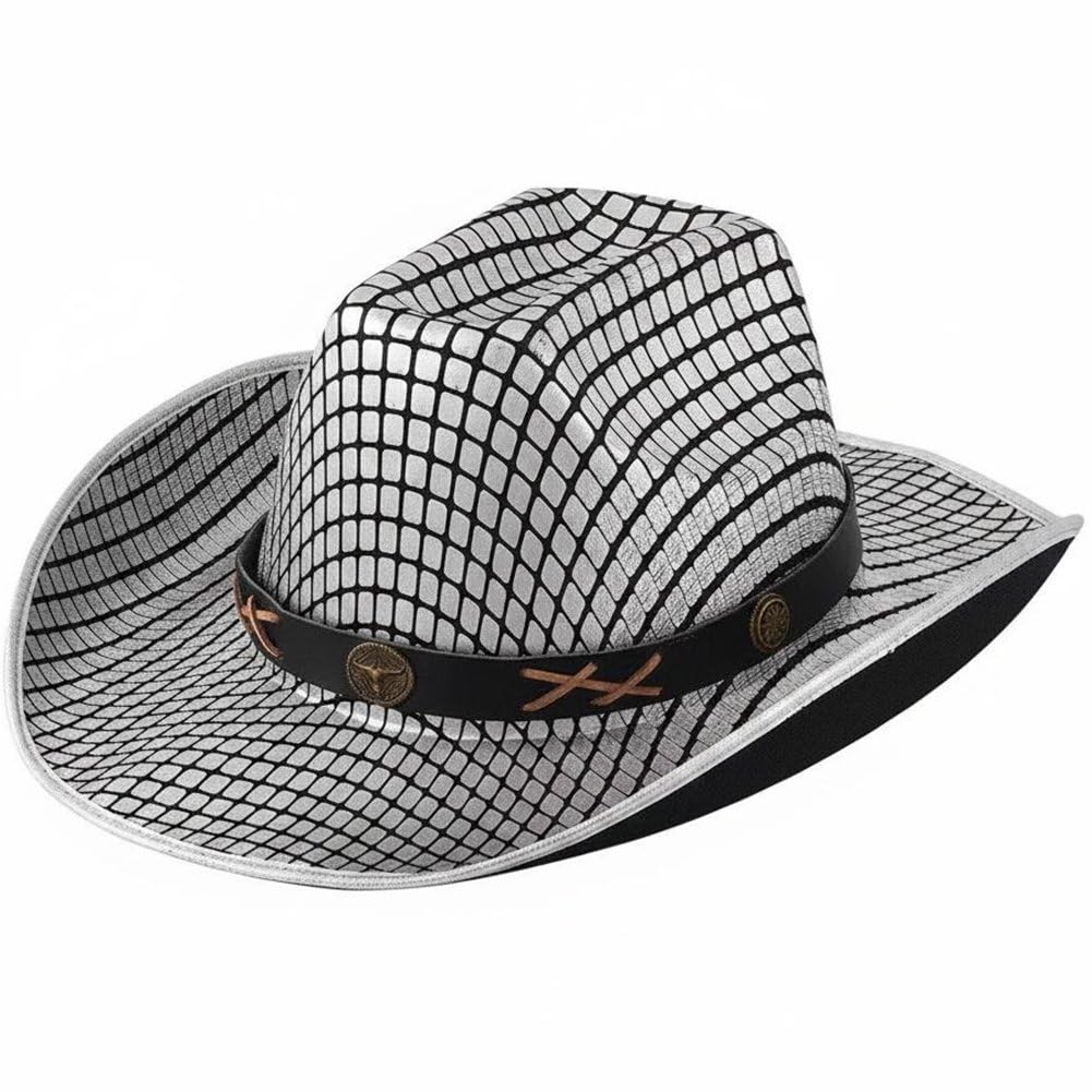 Sslvya Vintage Plaid Cowboy Hat with Bull Head Leather Belt Unisex Western Cowgirl Cap Party Jazz Hat for Party