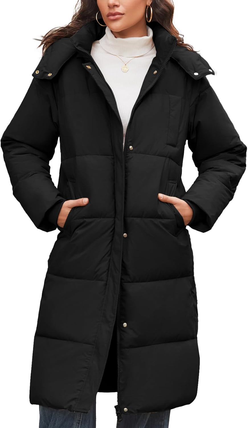 Flygo Long Winter Coats for Women Hooded Puffer Coat Jackets Thickened Midi Long Sleeve Zip Down Parka Outerwear