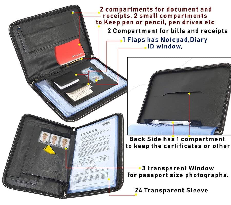 Image of OWT Multipurpose Leatherette Professional File Folders for Certificates, Documents Holder, Document Bag, Portfolio File, Executive File 24 Leafs Black Legal Size for Men & Women