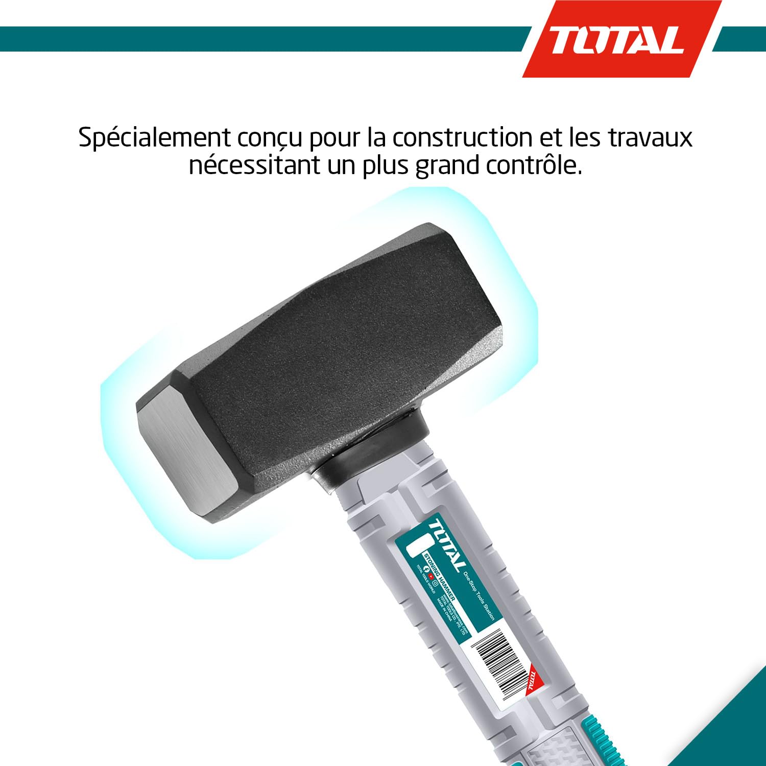 TOTAL - Masse en acier - 2000g - Idéal pour la construction et la maçonnerie - Résistance élevée aux chocs - Poignée ergonomique en fibre - Tête en acier au carbone forgé