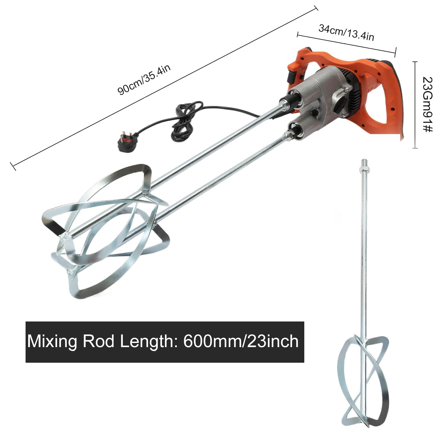 Mezclador de cemento de mano de 1800 W, mezclador de paleta portátil con 2 ajustes de velocidad y varilla doble para mortero, hormigón, mezcla de pintura