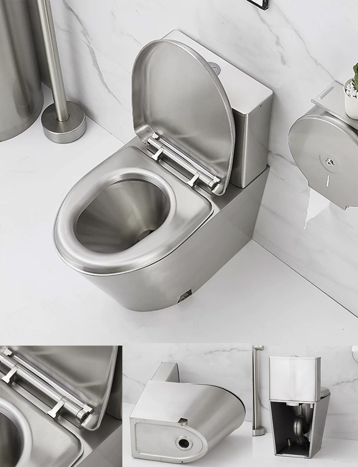 Inodoro comercial de doble descarga de acero inoxidable 304 con tapa, ahorro de agua y resistente a la congelación para baño