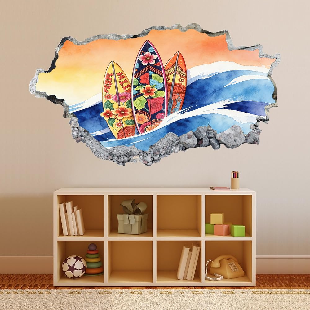 3D Wandaufkleber, Surfbrettblume Durchbruch Wandtattoos Deko Wand Selbstklebend Blaue Wellen, Wand Aufkleber Wanddurchbruch Wandsticker für Zuhause, Badezimmer, Schlafzimmer, Wohnzimmer