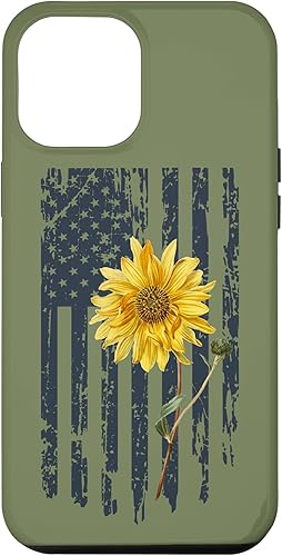 Funda para iPhone 14 Plus con diseño patriótico de girasol amarillo con bandera estadounidense para mujer, color verde salvia