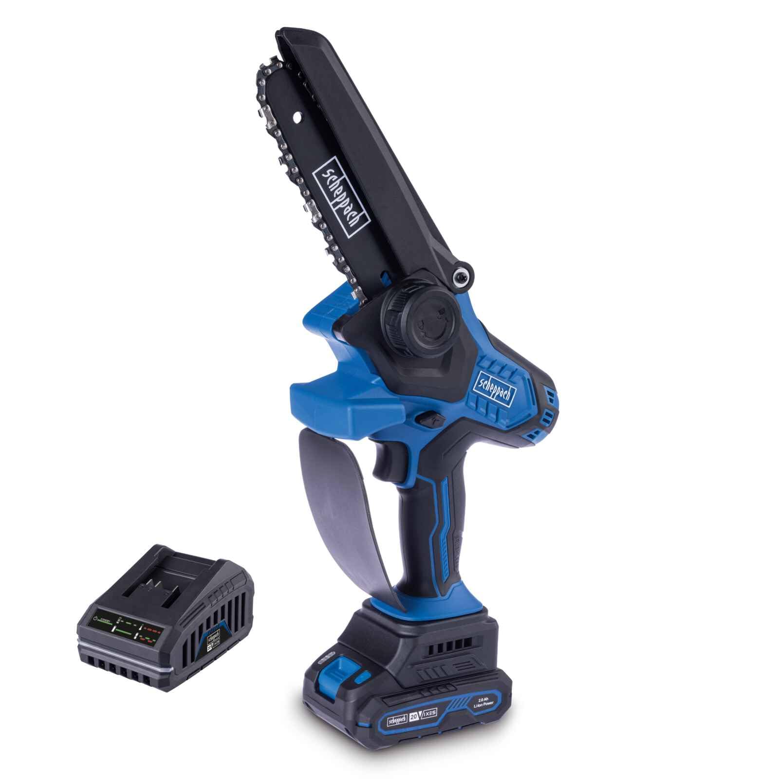 Scheppach Elagueuse à main sur batterie BC-PS150-X 20V | Brushless | Mini tronçonneuse | Longueur de coupe 150mm | Guide 6" | Vitesse de coupe 6,8 m/s | Avec batterie 2 Ah et chargeur