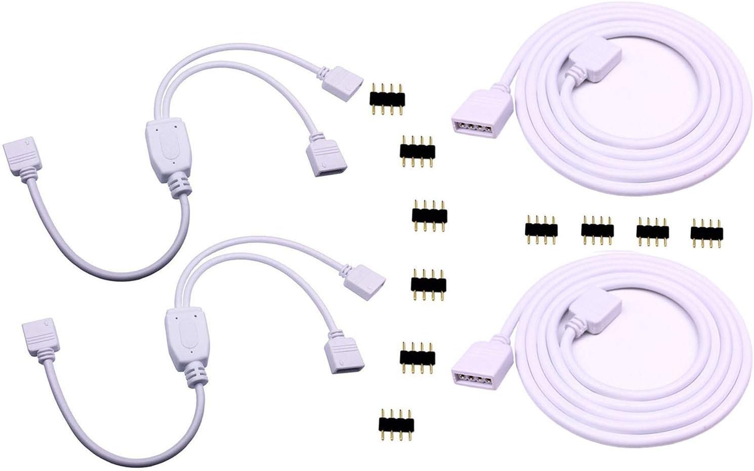 2PCS 4 Pin RGB LED Splitter Cable LED Strip Connector 2 Way Splitter Y Splitter Connection with 2PCS 4 Pin 1m 3.3ft RGB Led Strip Light Extension Cable 5050 3528 LED Strip Connector Kit (White)