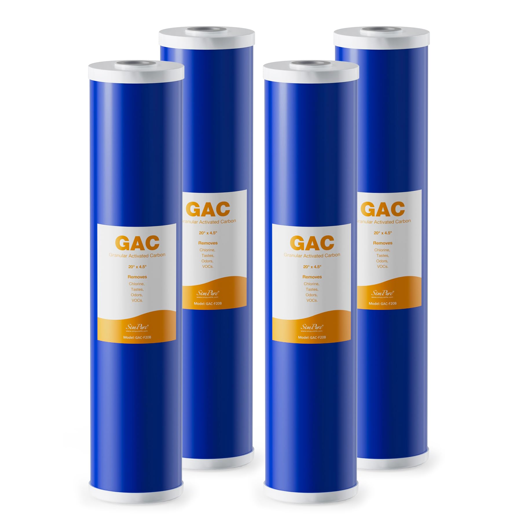 SimPure GAC Filter 20 x 4.5 inch Whole House Water Filter | Granular Activated Carbon Filter Replacement for DB20P, GAC-20BB, RFC20-BB (4 Pack)