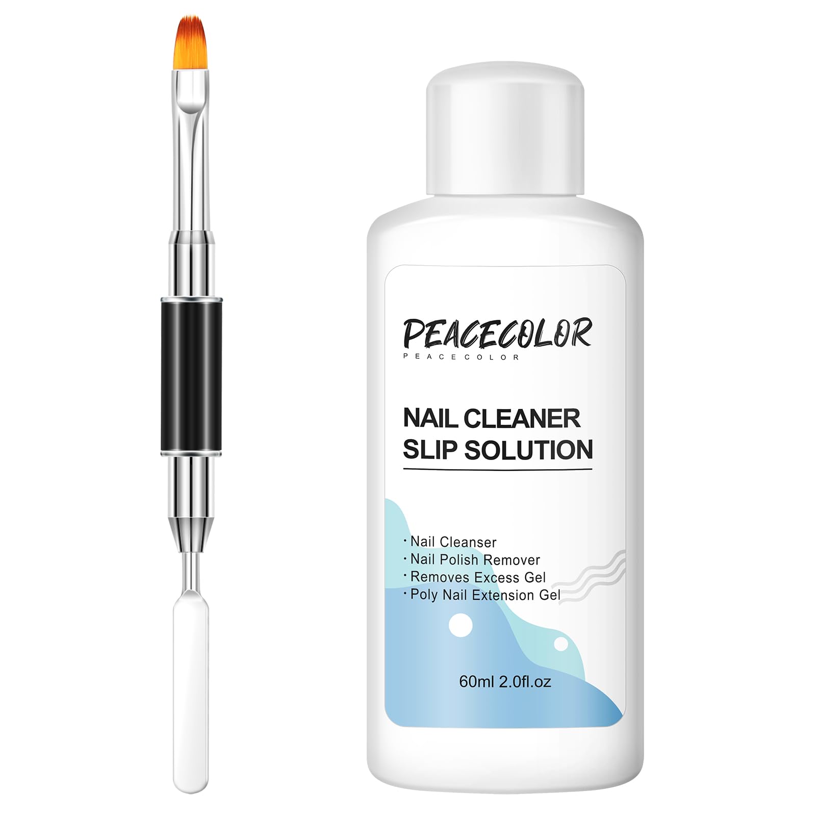 PEACECOLOR60ML Slip Solution Cleanser Plus with Dual End Nail Brush Set Professional for Poly Extension Nail Gel Builder Nail Gel Nail Tips & Extensions Home DIY Nail Art Use