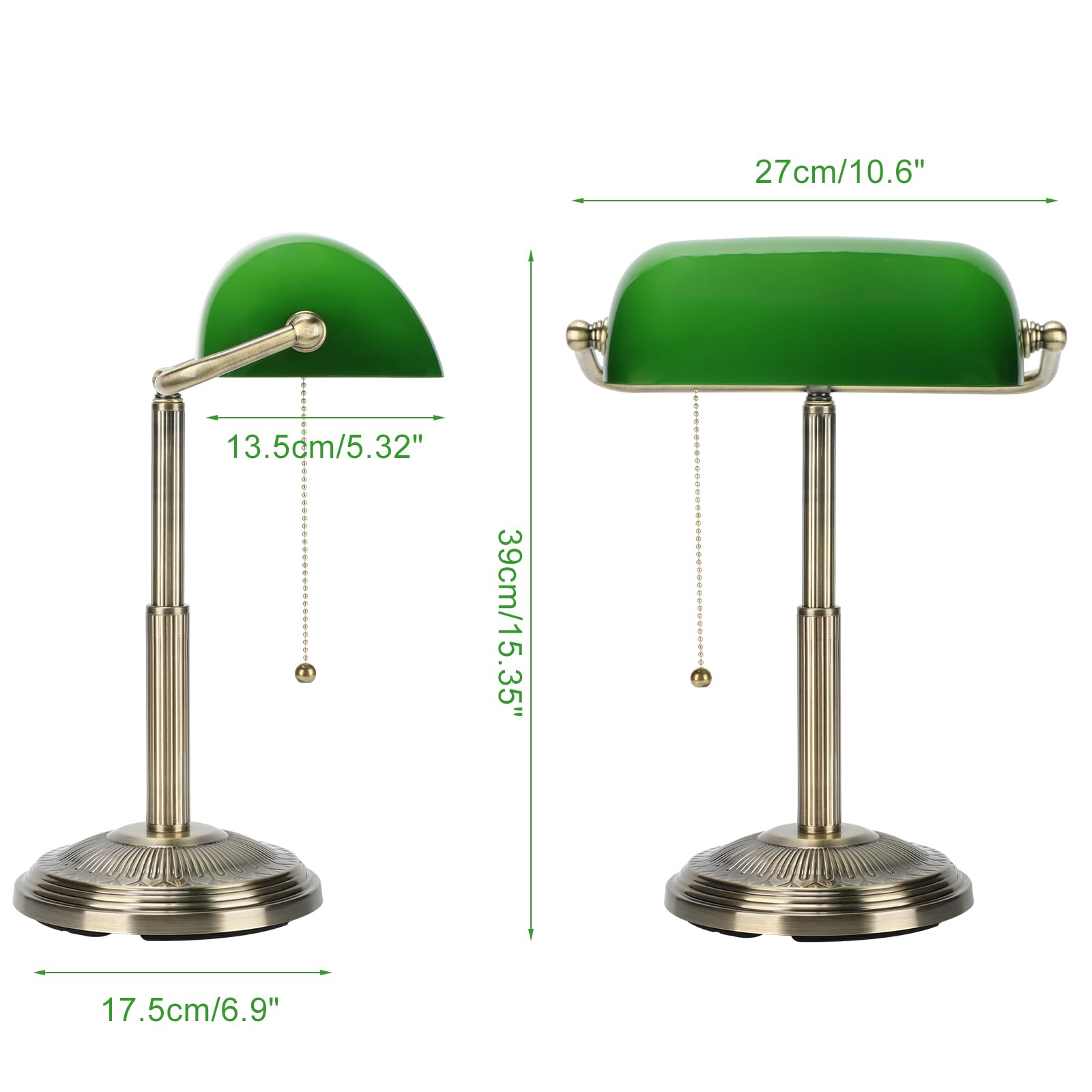 LINNMON Bankers Schreibtischlampe, grüne Retro-Lampe, Vintage-Lampe mit Zugkettenschalter für Home Office (Messing + Grün)