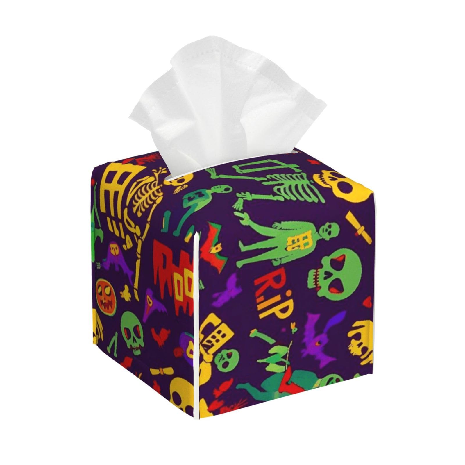 Halloween Pattern with Horror Elements Zombie Skull Colorful Leather Tissue Box Cover Holder Square Facial Paper Organizer 5.2" X 5.2" X 5.2"