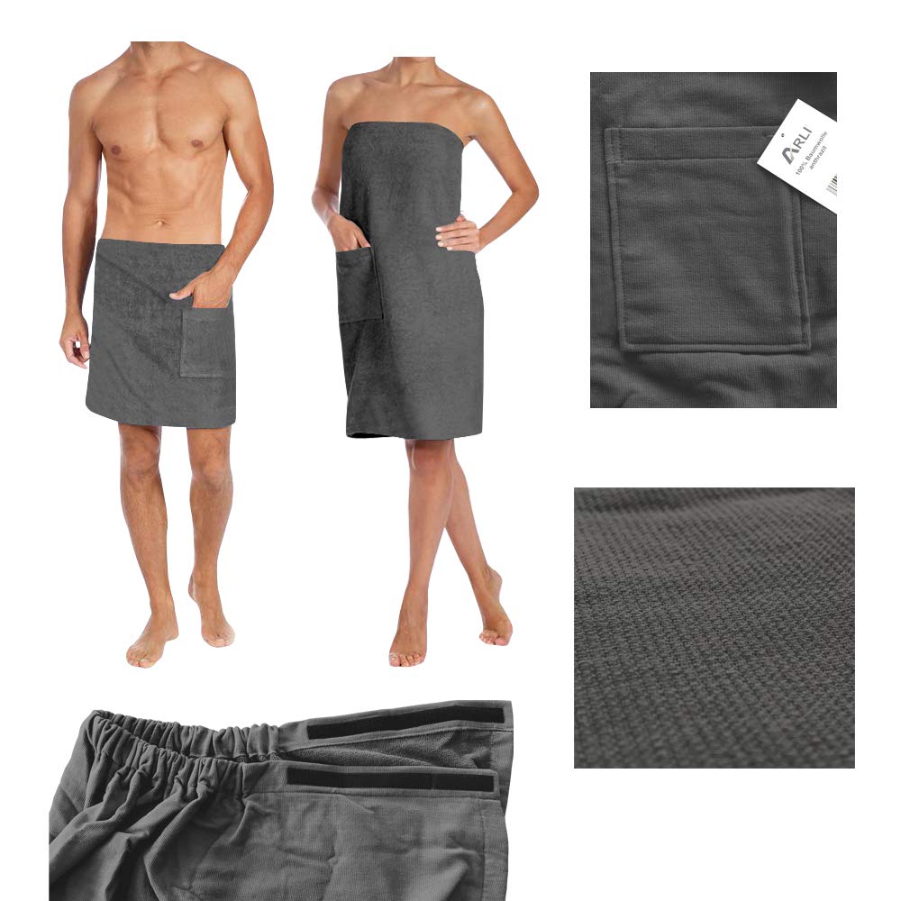 ARLI Saunakilt Damen + Herren Set Saunatuch Saunahandtuch Baumwolle Anthrazit Gummizug Tasche Klettverschluss praktisch individuell anpassbare Größe Sauna Sarong Kilt Wellness Hamam Mann Frau