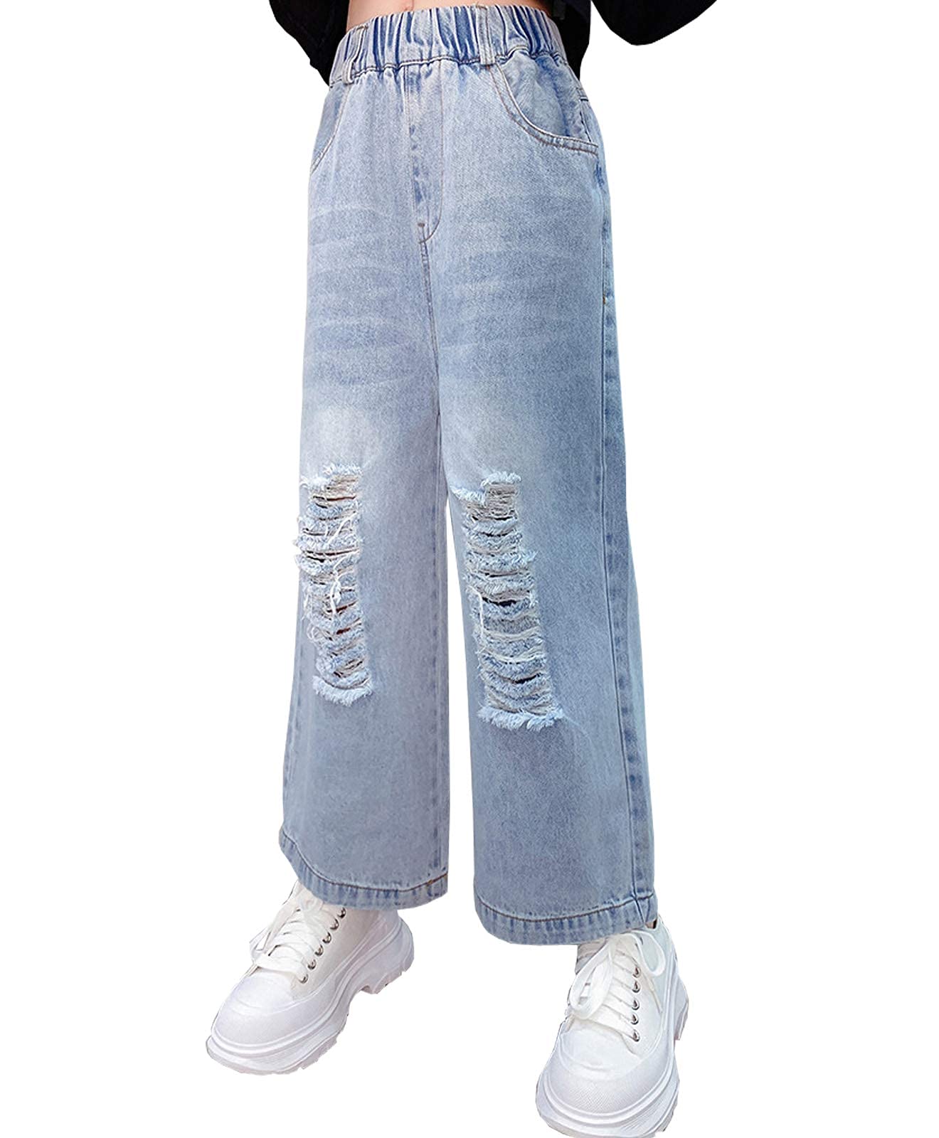 Buy Kids Girls Elastic Waist Cool Ripped Jeans Washed Denim Wide Leg