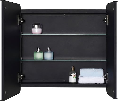 Miniatura 5 de Botiquín de baño negro con puerta redonda enmarcada y espejo de borde biselado de 22 x 20 pulgadas, empotrado o montaje en superficie, con estantes