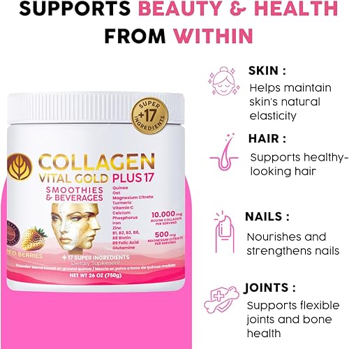 Miniatura 6 de Vital Life - Polvo de péptidos de colágeno + 17 súper ingredientes, 1.6 libras (paquete de 6), sabor a bayas rojas, apoya el cabello, la piel