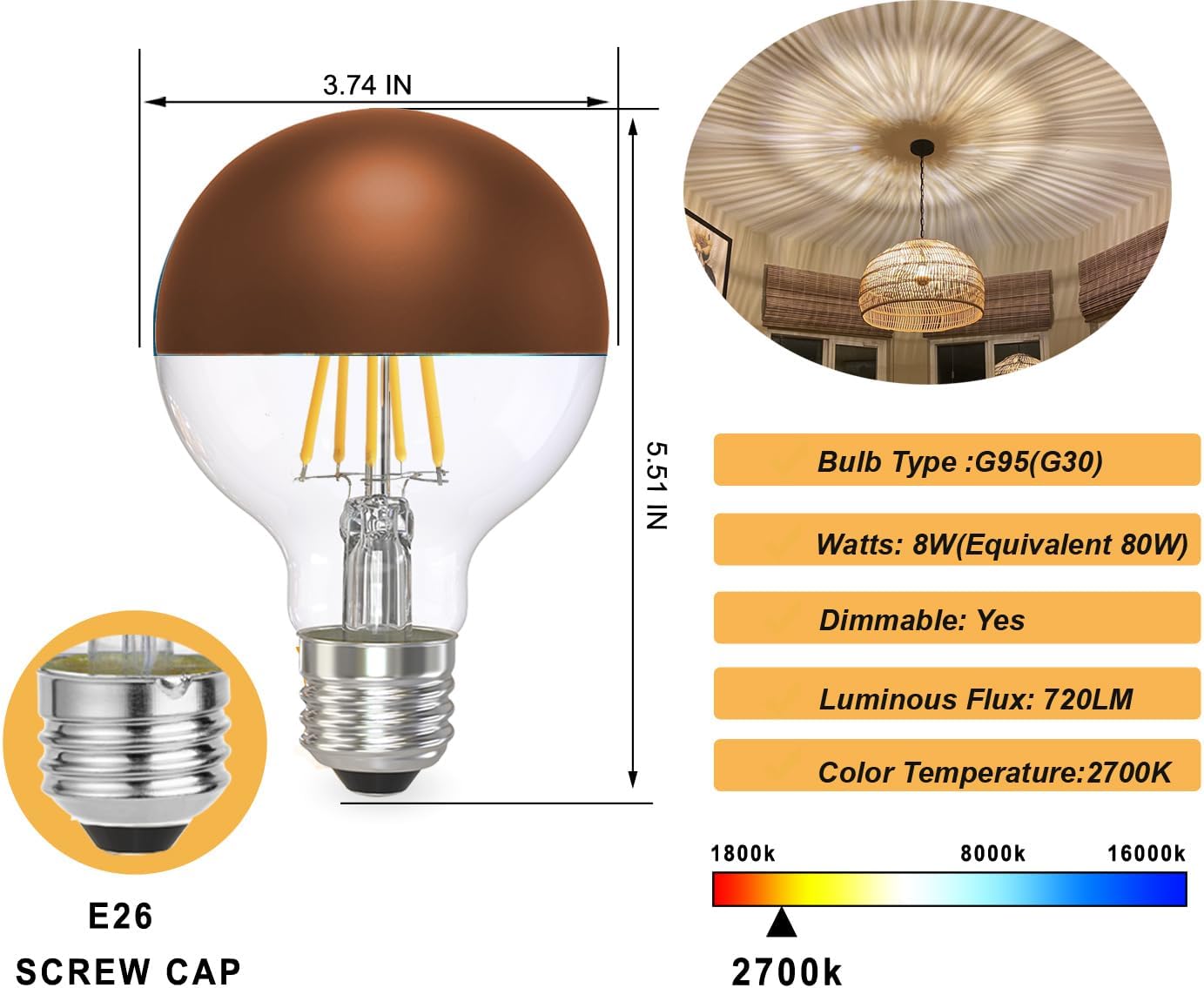 Large Half Chrome Light Bulb,Dimmable Anti-Glare 8W (80W Eq.) LED Edison Bulbs,G95 Globe Shape Decorative LED Decorative Bulb,Half Brown Dipped Reflected Soft White E26 Base, Pack of 2