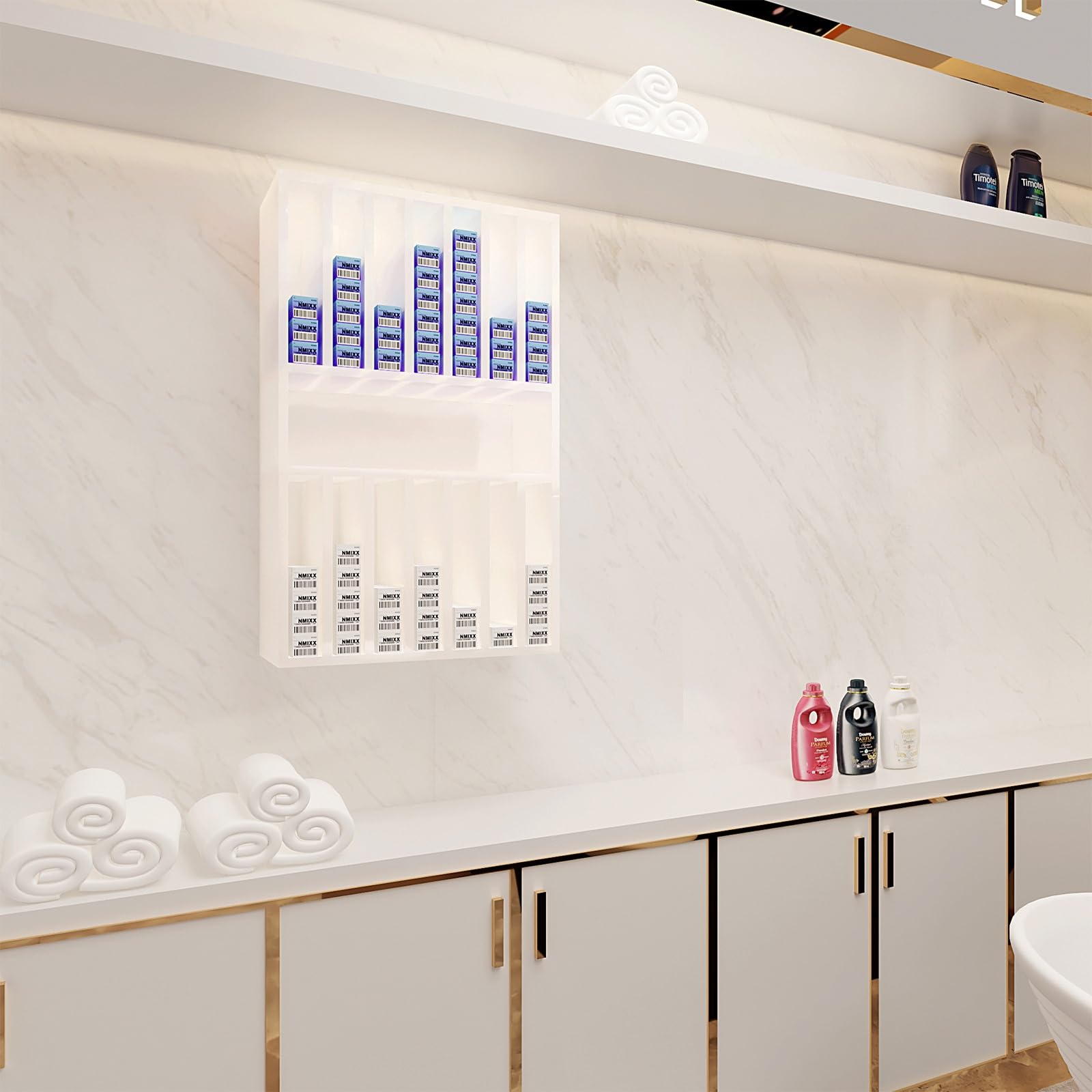 Stojak na Kosmetyki do Włosów, 2 Poziomowy Stojak na Kosmetyki do Włosów, ścienny Stojak na Kosmetyki do Włosów, do Salonu Kosmetycznego, Domowego Spa(White,80x20x110cm/32x8x43in)