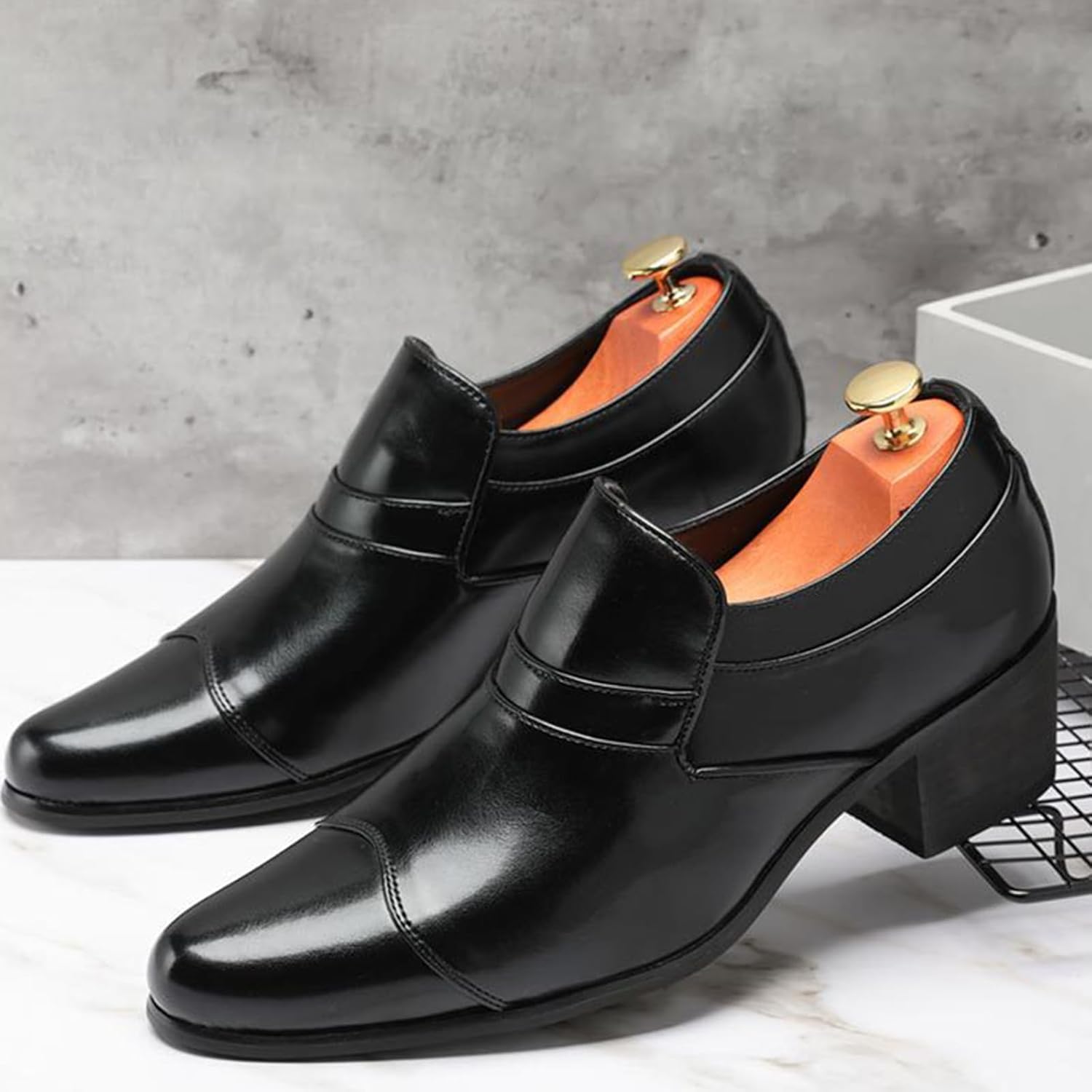 Men's Leather Chunky Heel Slip On Dress Loafers Fashion Classic Pointed Toe Low Top Block High Heel Heightening Oxford Shoes Casual Business Wedding Prom Work Formal Shoes - Image 3