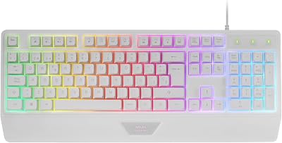 Mars Gaming MK124, Idioma Español, Teclado Ergonómico H-Mech Completo, Reposamuñecas Integrado, Iluminación FRGB Rainbow, Gaming Antighosting, Multiplataforma, Blanco
