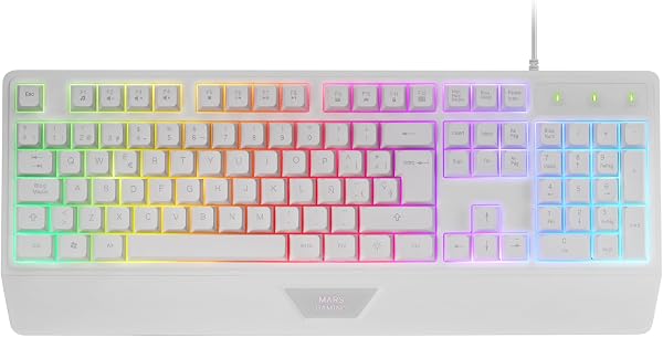 Mars Gaming MK124, Idioma Español, Teclado Ergonómico H-Mech Completo, Reposamuñecas Integrado, Iluminación FRGB Rainbow, Gaming Antighosting, Multiplataforma, Blanco - 1
