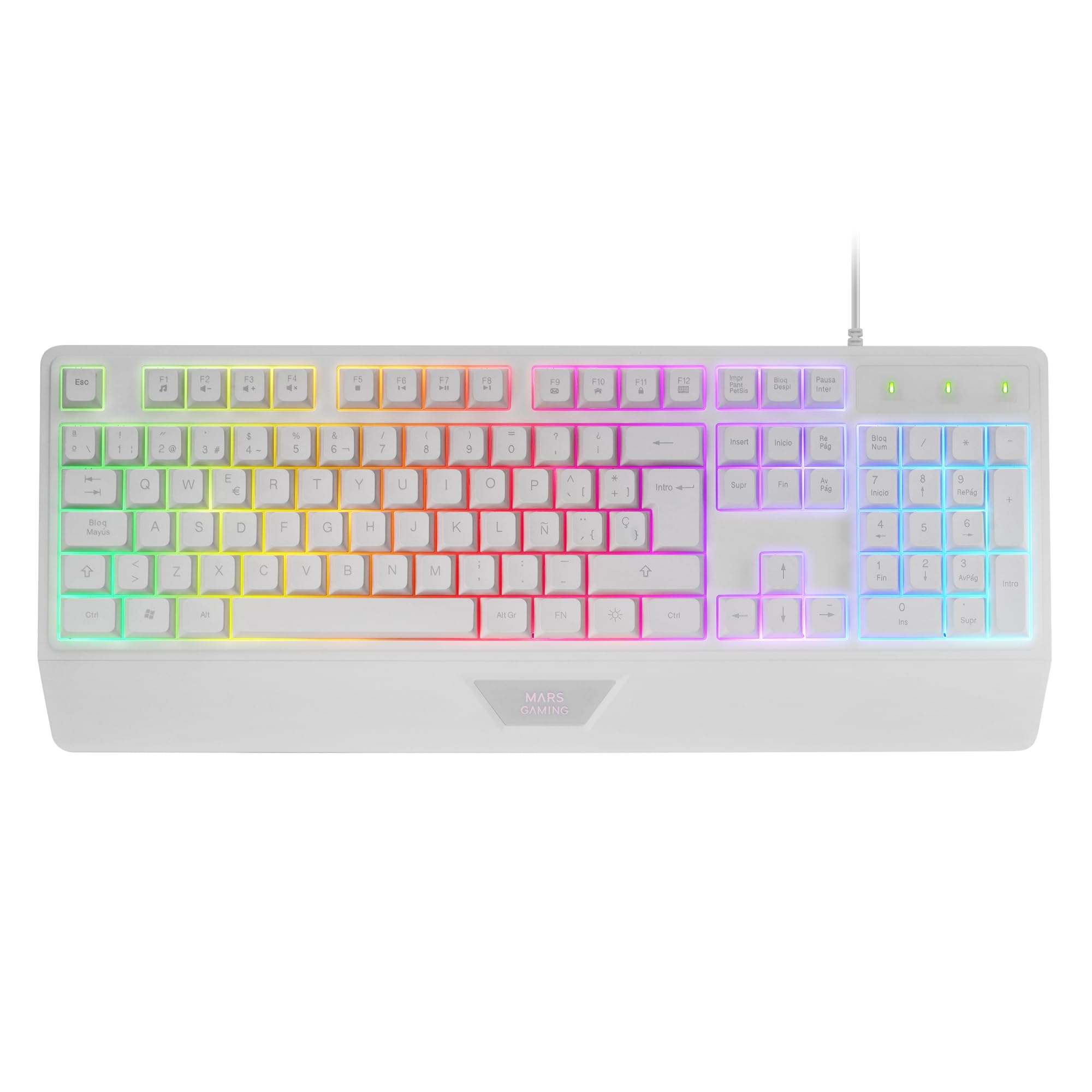 Mars Gaming MK124, Idioma Español, Teclado Ergonómico H-Mech Completo, Reposamuñecas Integrado, Iluminación FRGB Rainbow, Gaming Antighosting, Multiplataforma, Blanco