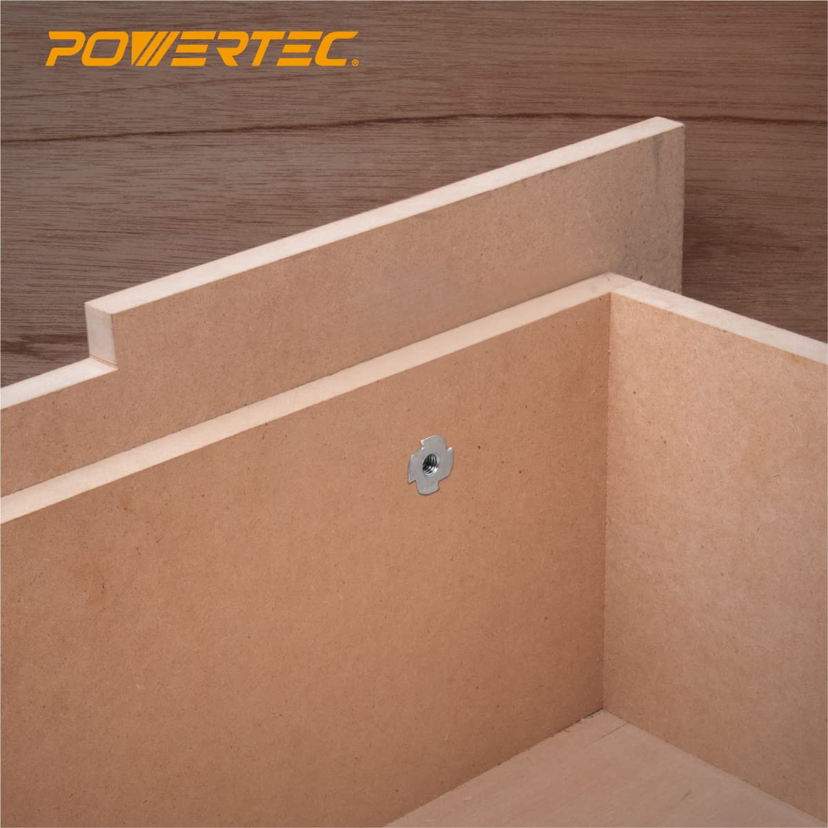 POWERTEC 1/4-20 T Nuts, 50 Pcs | 4 Pronged Tee Nuts for Bolts and Stem Caster Wheels, Threaded Inserts for Wood Working, Rock Climbing Holds and Furniture, For Use with Hammer | 9/16" length (QTN1102)