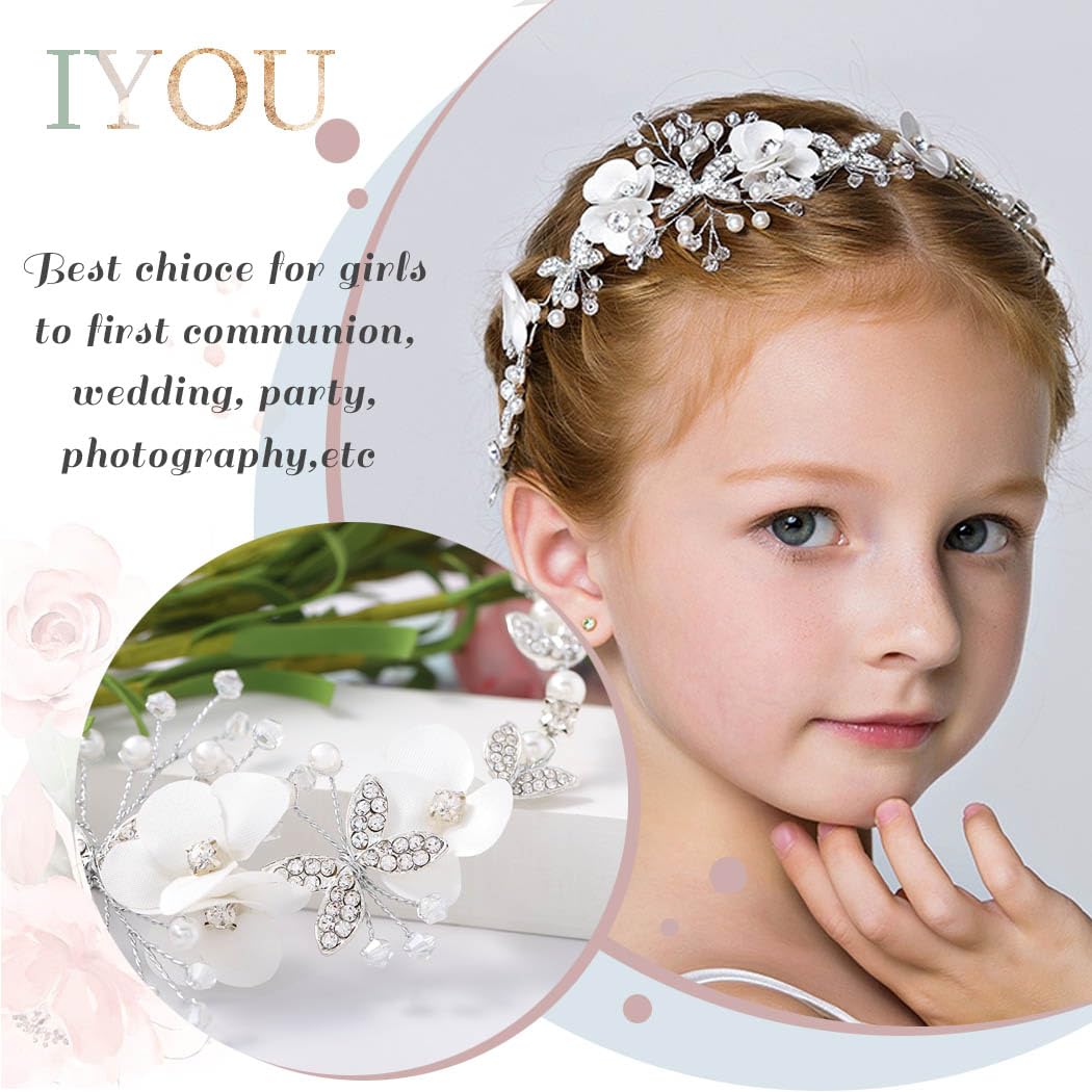 IYOU Fascia per capelli da comunione con fiore bianco Coroncina da principessa in cristallo Accessori per capelli con perle di strass Ragazze e bambina