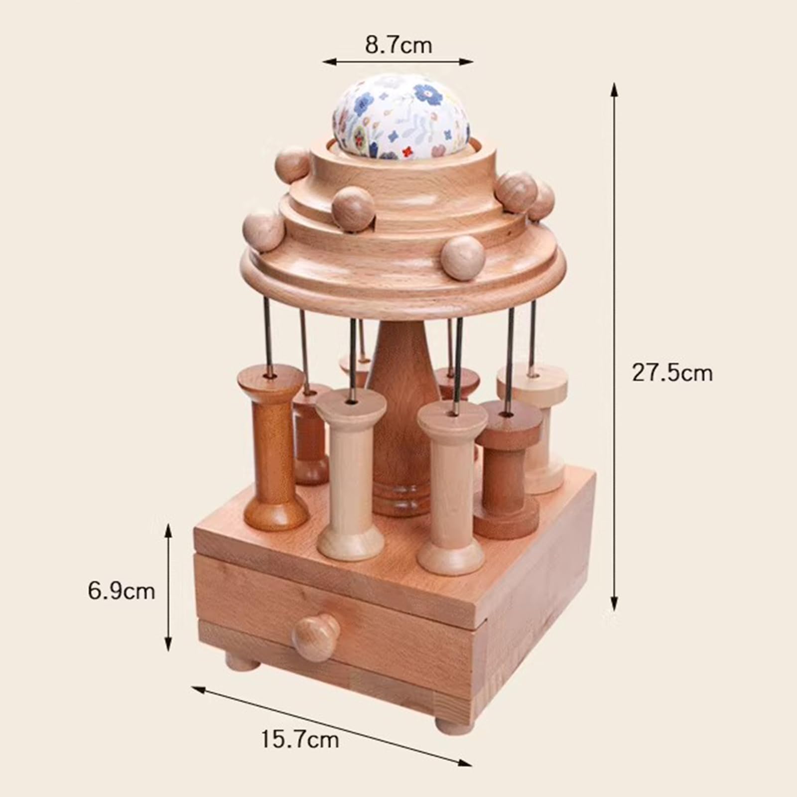 Wooden Sewing Organizer, Solid Wood Needlework Box, Seamstress Sewing Basket, with Drawer, 8 Spool Holders, Top Storage Compartment, for Sewing Supplies, Hobby Craft Tools, Needles Assorted