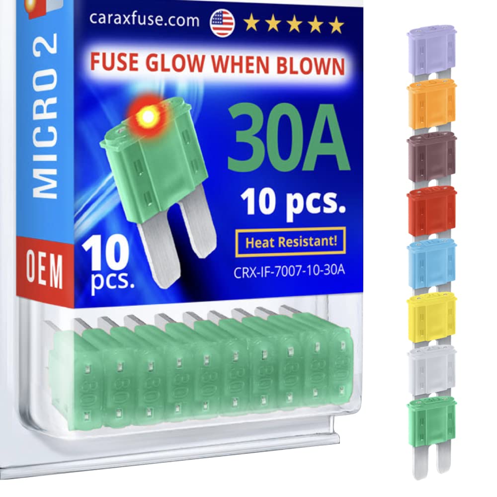 CARAX Glow Fuse – Premium Fuse Micro 2 Blade APT/ATR – 30A Kit 10 pcs – Glow When Blown LED Automotive Fuse – Smart Auto Glow Fuse Easy Identification