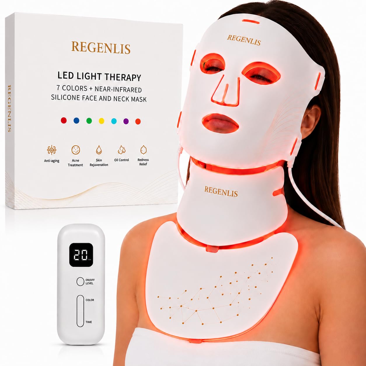 Mascarilla LED Cara y Cuello – Dispositivo de Fototerapia de 7 colores, Cuidado antienvejecimiento, ayuda a reducir la apariencia de las arrugas, mejora el brillo de la piel, uso en el hogar
