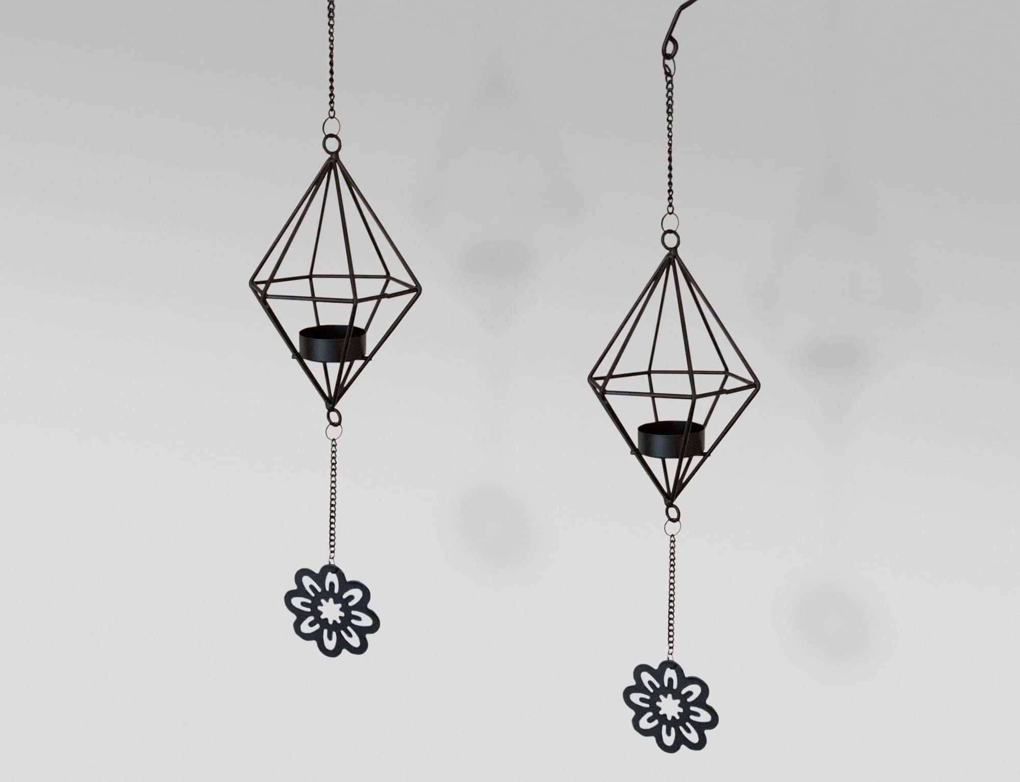 Set of 2 Diamond Tea Light Candle Holders Home Décor Metal Lanterns Garden Parties Hallway Patio Living Room Wedding Gift (Hanging Black Frame)