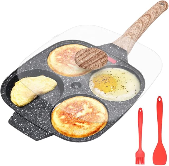 Bobikuke Egg Pan Non Stick, 4 Hole Egg Frying Pan with Lid Egg Burger Pan Multi Pancake Pan Aluminum Fried Egg Pan for Breakfast
