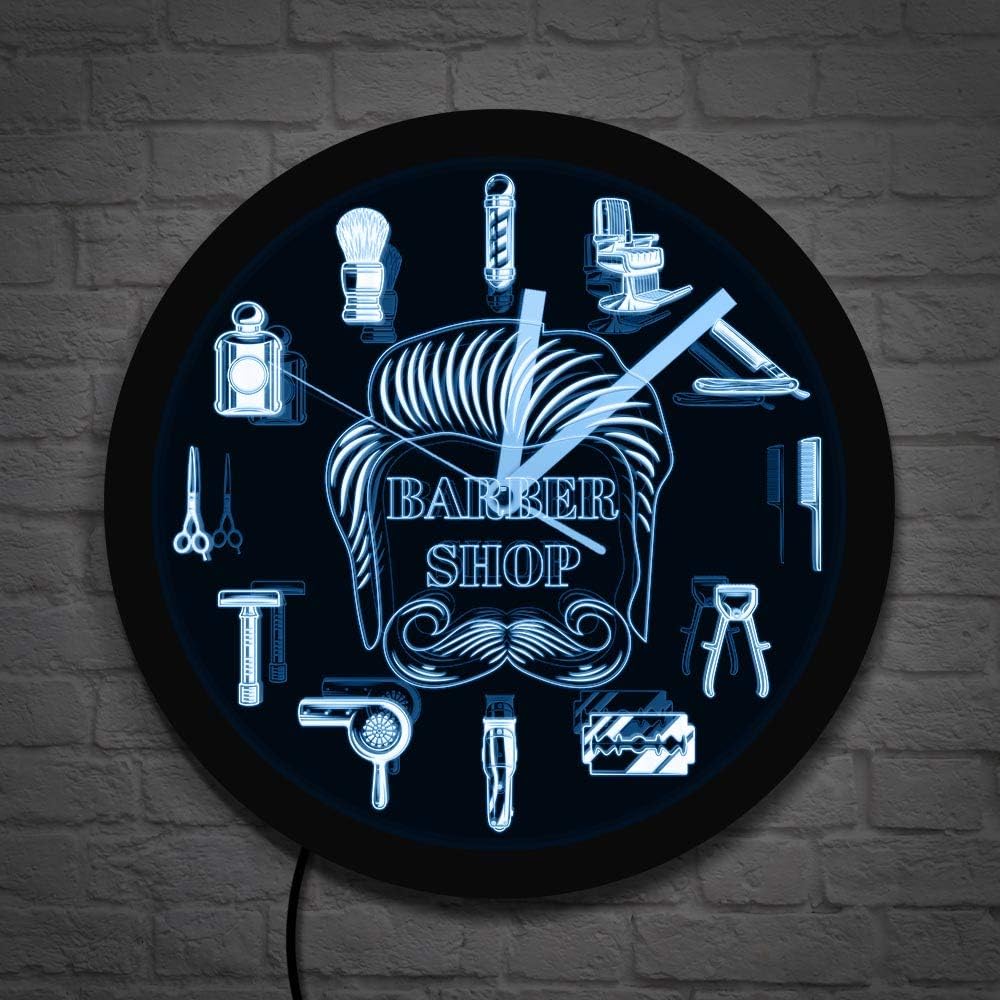 The Geeky Days Barber Shop LED Business Sign Hairstylist Barber Tools LED Neon Wall Clock Color Changes Modern Wall Clock with LED Illumination