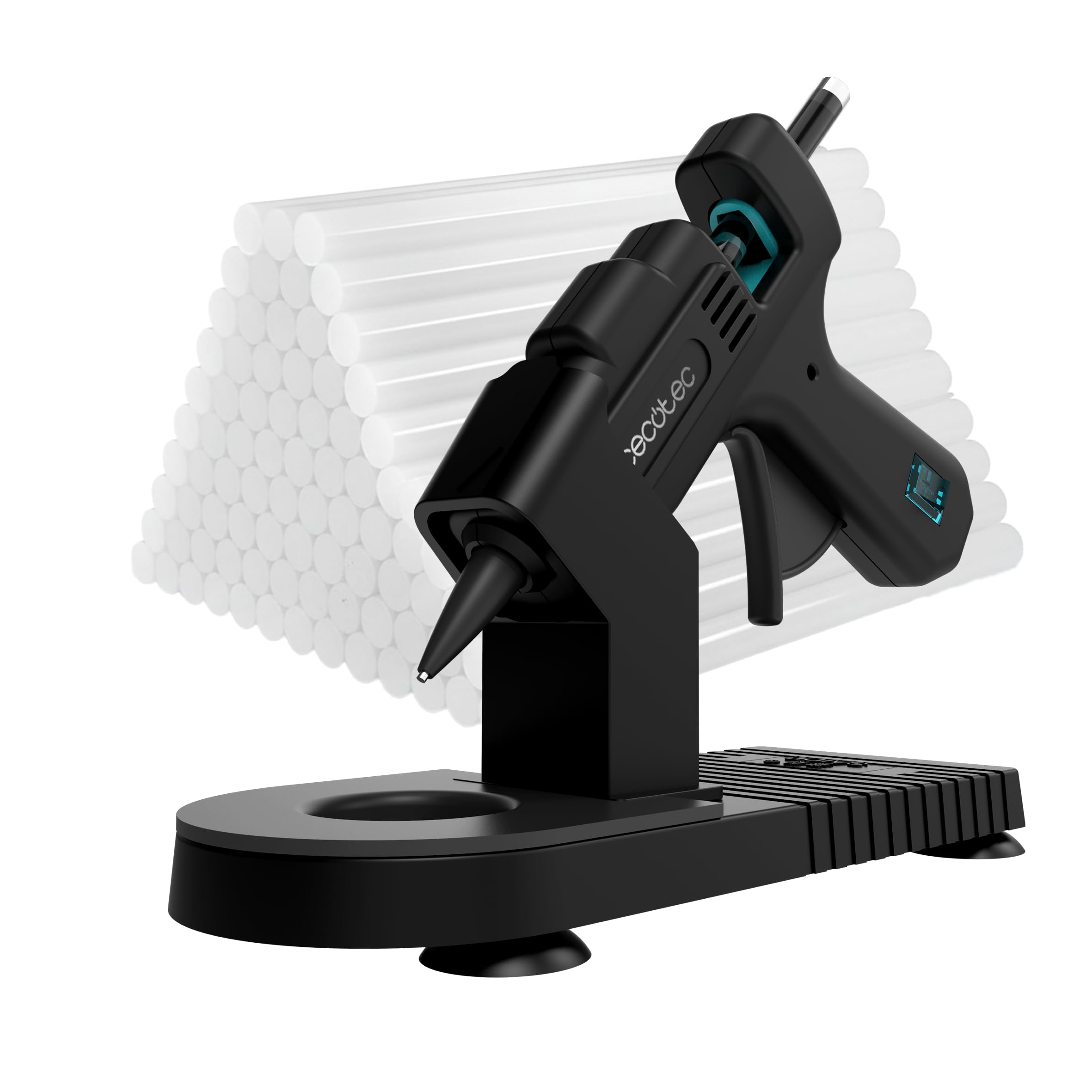 Cecotec Pistola Silicona Caliente con Base Protectora Perfect Fix 20. 20W, Tamaño Compacto, Calentamiento Ultrarrápido, Incluye 80 Barras de 7mm de Diámetro de Pegamento Transparente, Hasta 180ºC