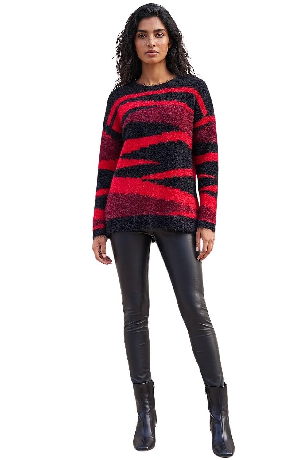 Roman Women's Black Fluffy Colour Block Knit Jumper In | Size: 16