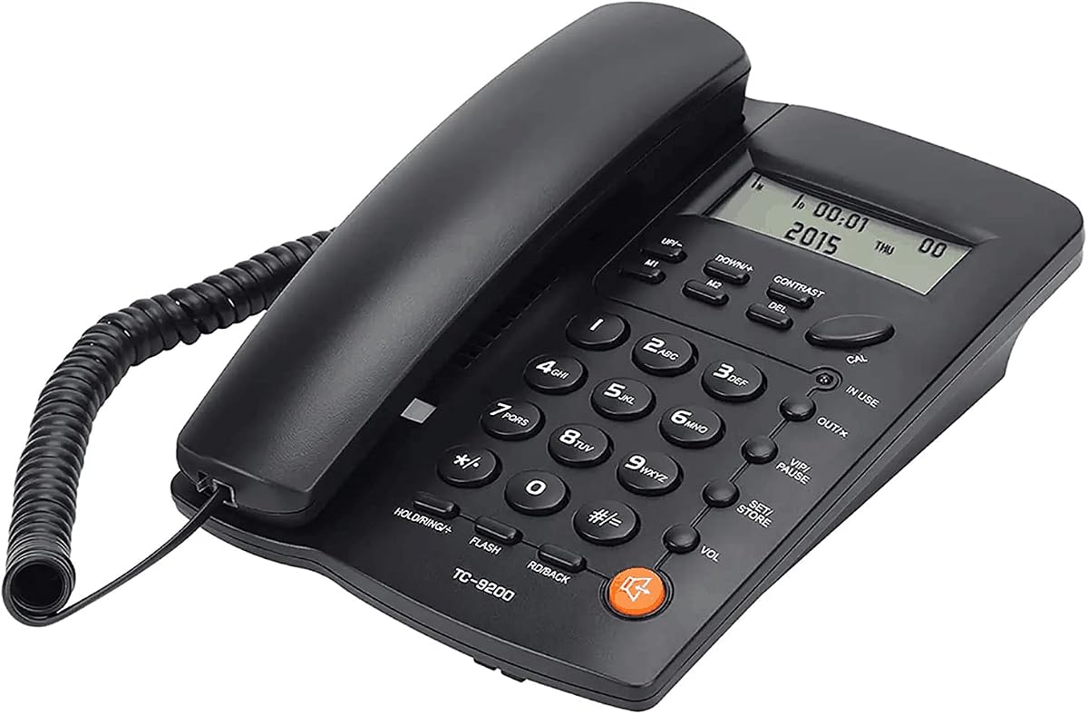 Teléfono fijo con cable con pantalla LCD y marcación rápida M1 M2, negro | Awishwell Teléfono multifunción con DTMF/FSK, memoria de llamadas, calculadora básica, teléfono de escritorio con cable para uso en casa, oficina, hotel