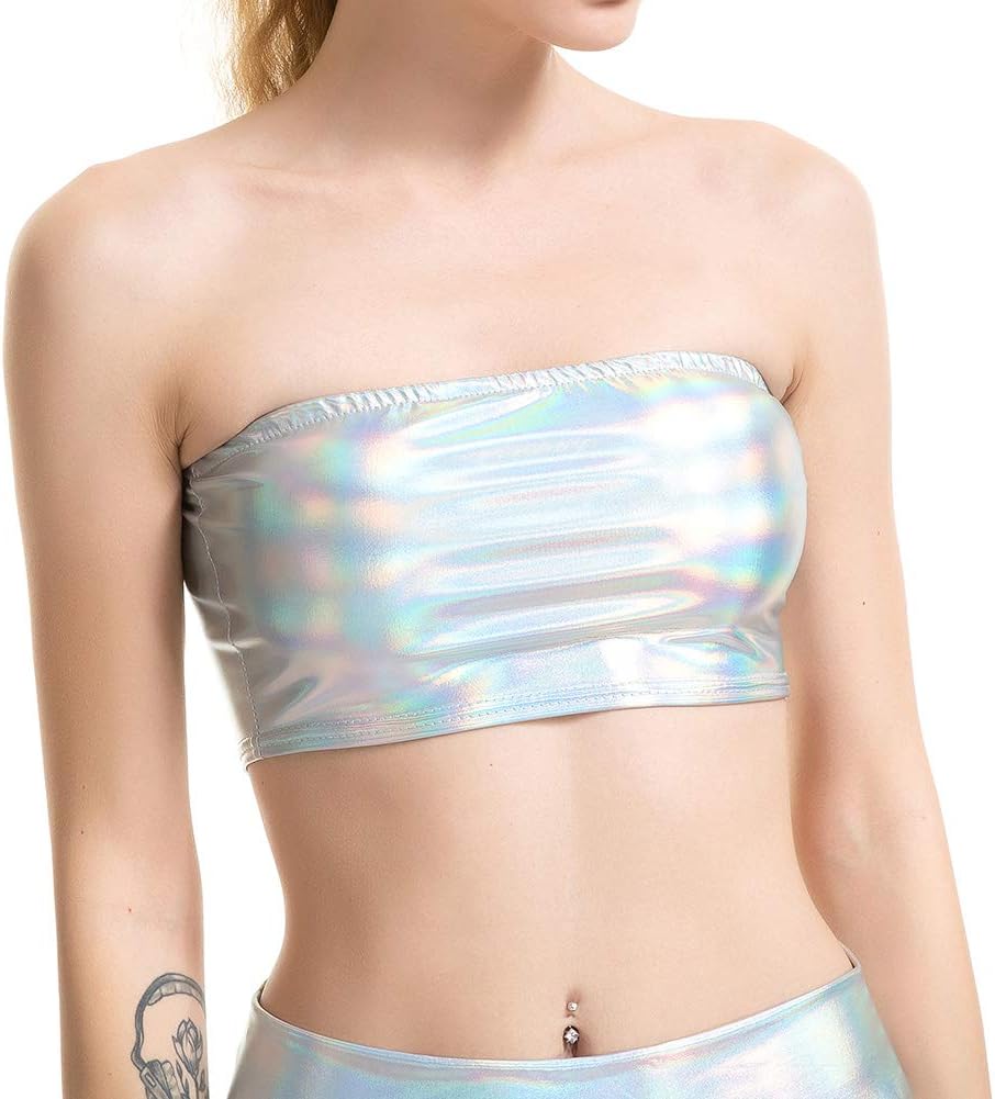 Women's Shiny Metallic Strapless Crop Tube Top Rave Bandeau Bra