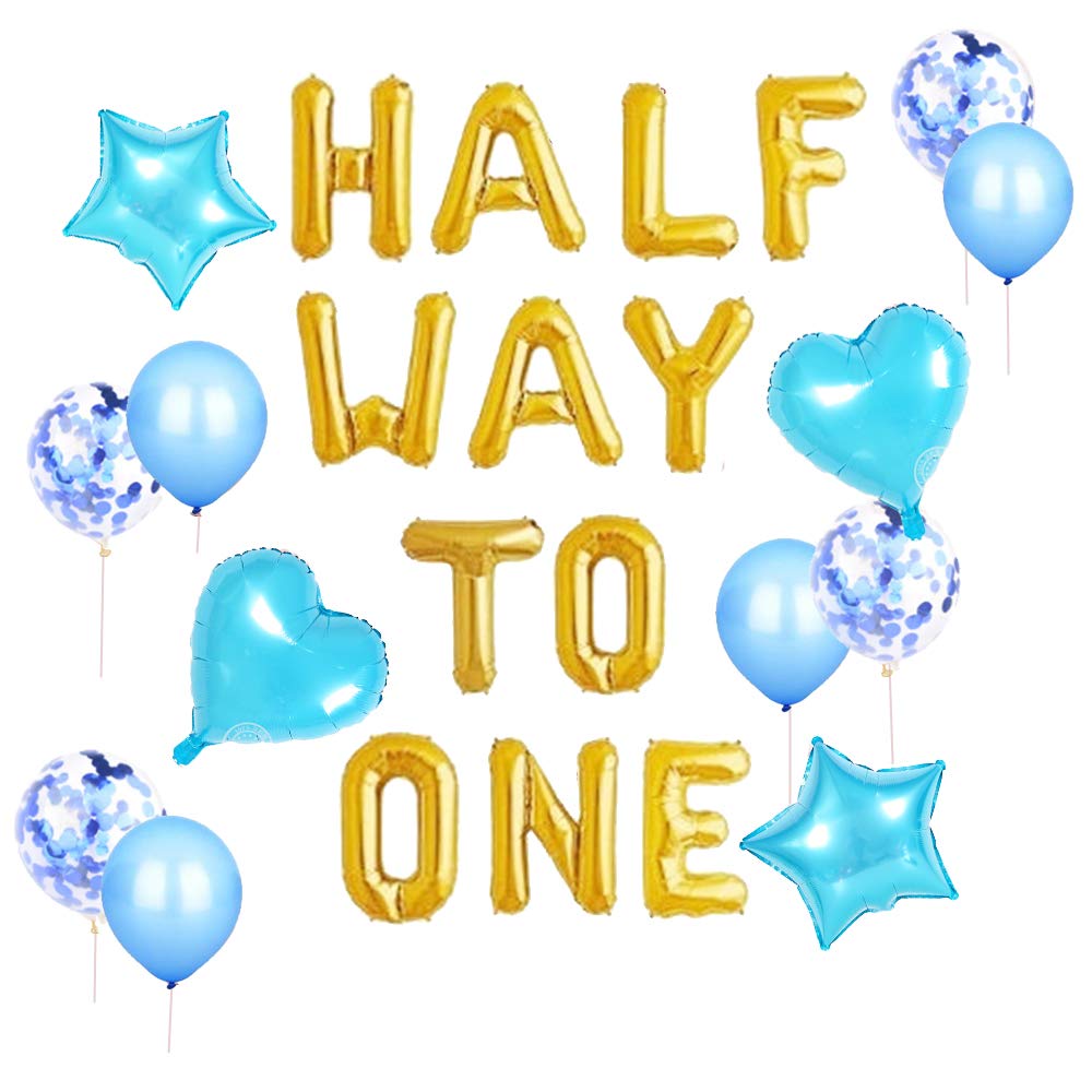 Palloncini Per 1/2 Compleanno JeVenis | 15 Pezzi Con Scritta Half Way To One, Stelle E Cuori | Decorazioni Blu