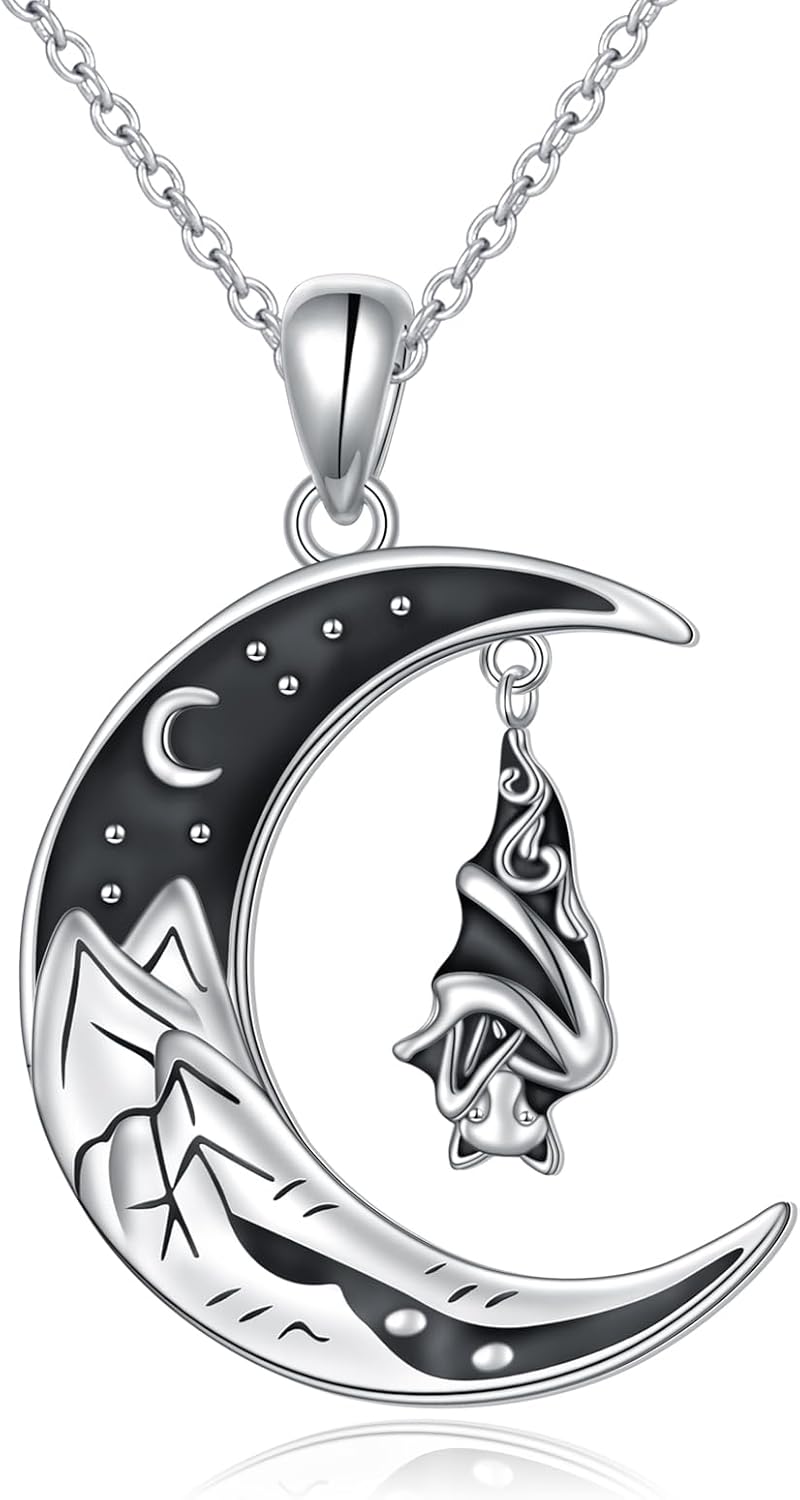 Gothic Bat Pendant Necklace for Women Black Crescent Necklace 925 Sterling Silver Moon Pendant Halloween Easter Jewelry Gifts for Women