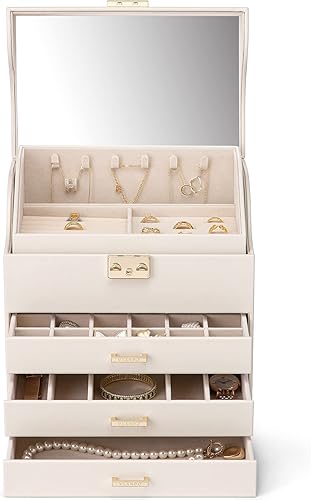 Miniatura 8 de Vlando Caja organizadora de joyas grande de terciopelo, caja de almacenamiento de joyas de 5 capas con espejo y cerradura, bandeja apilable y 3